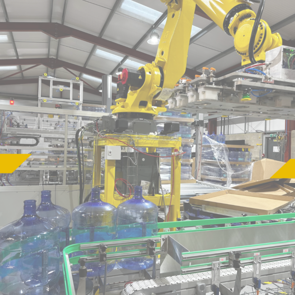 Robotic arm deflashing a plastic water container on end of line automation system, plus the article title: How are you leveraging automation to drive efficiency in your processes